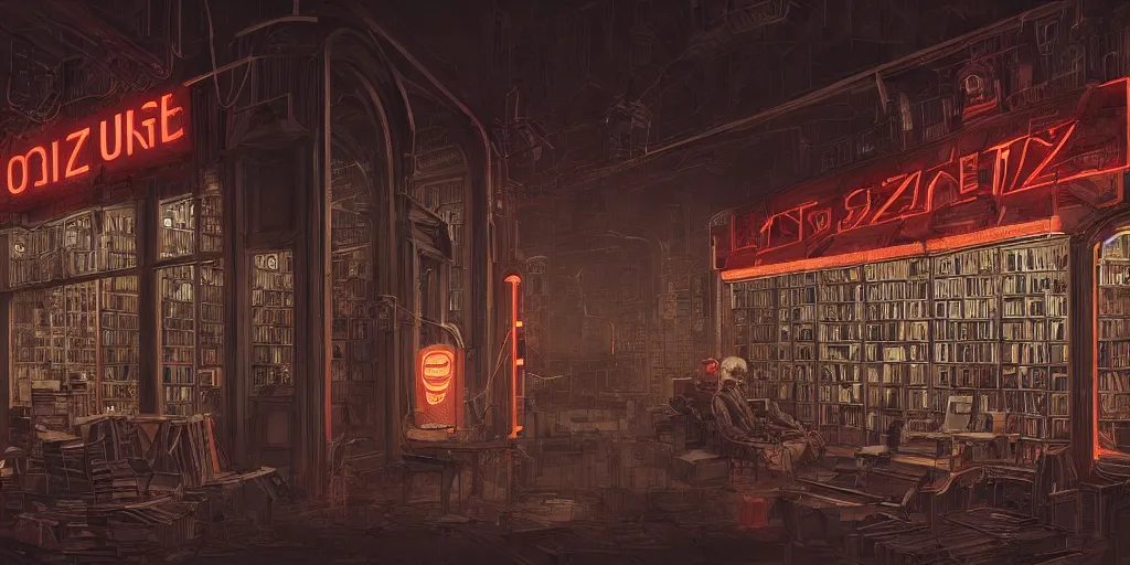 Image similar to cinematic an old jorge luis borges and franz kafka as owners ofan old bookstore full of books, dystopian future, neon lights, sci - fi, night lights, haze, concept art, intricate, in the style of katsuhiro otomo, akira, unreal engine