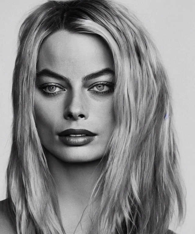 Image similar to a color photograph of margot robbie, by robert mapplethorpe, platinum blond, intense, bold, exaggerated, ultra sharp, extra details, ultra high quality, trending on pinteresst