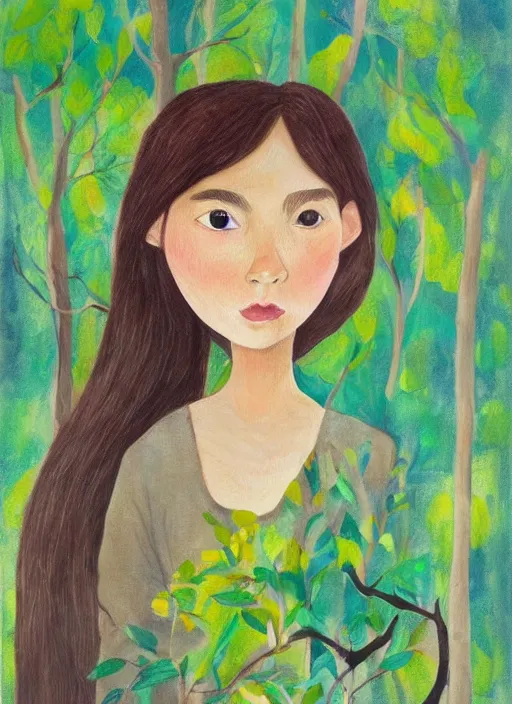 Prompt: a wonderful childrens illustration portrait painting of a woman in a forest with serene emotion, art by tracie grimwood, forest, trees, many leaves, birds, whimsical, aesthetically pleasing and harmonious natural colors