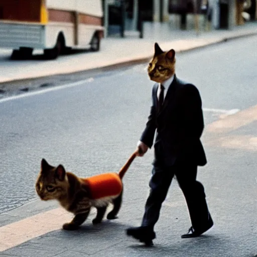 Image similar to a businessman cat going to work, 1 9 7 0 colour photography, award winning