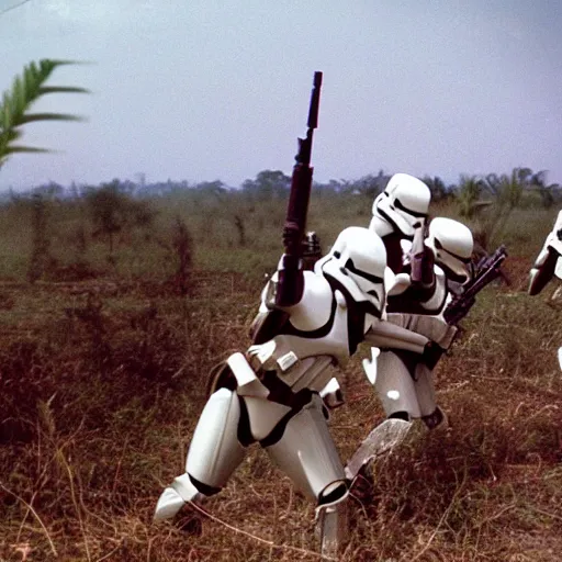 Image similar to star wars clone troopers combat soldiers in vietnam, photo, old picture, lush landscape, jungle, firearms, explosions, helicopters, aerial combat, active battle zone, flamethrower, air support, jedi, land mines, gunfire, violent, star destroyers, star wars lasers, sci - fi, jetpacks, agent orange, bomber planes, smoke, trench warfare