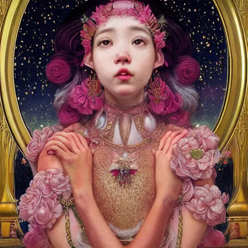 Image similar to queen empress girl, crown sparkles milky way botanical, portrait face, colorful, kupka, intricate, miles johnston, kuroda seiki, cynical realism, ozabu, john william godward, painterly, yoshitaka amano, moebius, miles johnston, louise zhang, james jean, mark ryden lowbrow pop surrealism art style