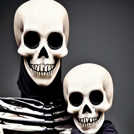 Image similar to portrait of grim reaper skeleton with his son, 8k, highly detailed, photography