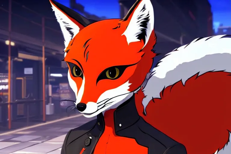 Image similar to a furry tan male fox on a persona 5 : royal ( by atlus ) video game splash screen, a furry male sandcolored tan fox fursona ( has hair ), persona 5 phantom thief style