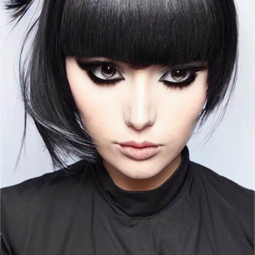 Image similar to avant runway hairstyle professional designer hair bangs, anime stylization, influencer photography, high details