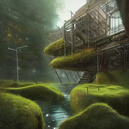 Prompt: a beautiful concept art of floating buildings and infrastructure overgrown moss by alejandro burdisio, artstation