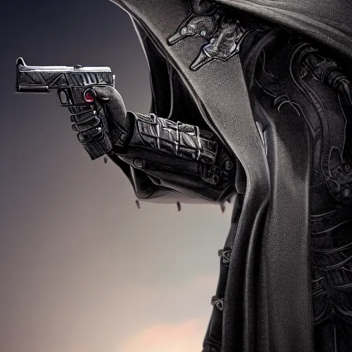 Image similar to humanoid handgun wearing a dark cloak, photorealistic, sharp image, highly detailed, fantasy
