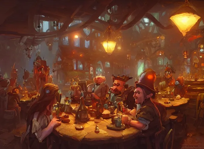 Image similar to A cheerful gnomish steampunk tavern, by Greg Rutkowski and James Gurney, trending on Artstation