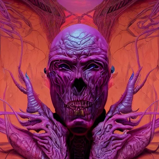 Image similar to Hyperdetailed psychedelic horror fantasy portrait of a vampire by Wayne Barlowe and Beeple, vivid color, album cover,