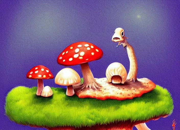 Image similar to a cute creature sitting next to a mushroom, digital art, fantasy, magic, chalk, trending on artstation, ultra detailed, professional illustration by basil gogos