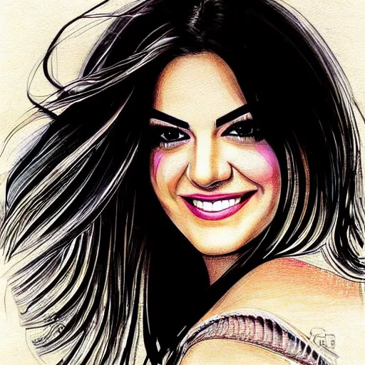 Prompt: joyful look in her eyes Maite Perroni in 2005 close-up portrait looking straight on, complex artistic color ink pen sketch illustration, full detail, gentle shadowing, fully immersive reflections and particle effects, chromatic aberration.