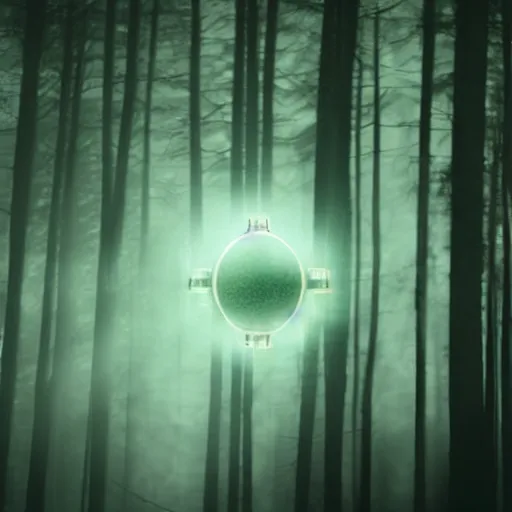 Image similar to tic tac shaped ufo, cinema scene. ethereal glow, dissipated clouds over forest