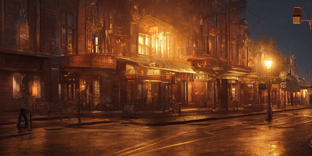 Image similar to Photorealistic theatre on quite Charlottetown night. Hyperdetailed photorealism, UHD, amazing depth, glowing rich colors, golden ration, 3D octane cycle unreal engine 5, 3d shading, cinematic lighting, artstation concept art