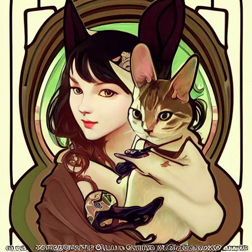 Image similar to a cute mix between a rabbit and a cat, beige, big green eyes, cute artgerm, alphonse mucha