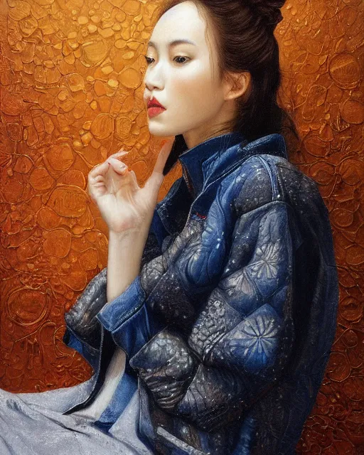 Image similar to a ultradetailed beautiful panting of a stylish woman sitting on the floor in a tiled room, she is wearing an oversized jacket, night time, highly detailed face, oil painting, by tran nguyen