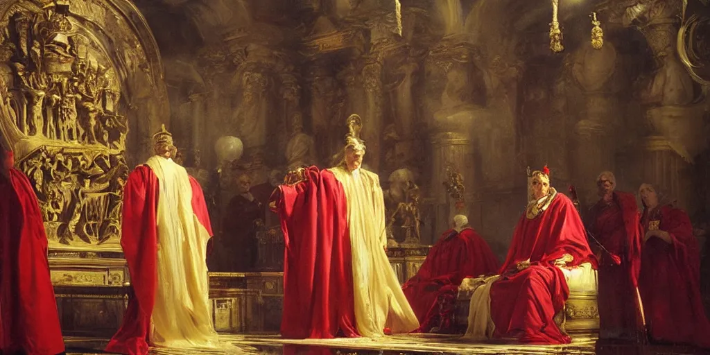 Image similar to beautiful oil painting, steve buscemi in royal crimson robes enthroned as the god emperor of ancient rome a golden wreath upon his head, by anders zorn, wonderful masterpiece by greg rutkowski, beautiful cinematic light, american romanticism, by thomas lawrence, greg rutkowski