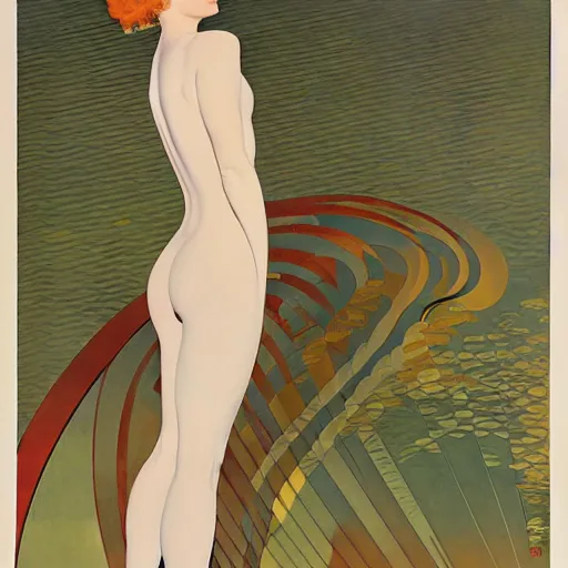 Image similar to art by coles phillips, a tall chrome - skinned goddess walks the earth, reflective skin, chrome, skin with a mirrror like finish similar to the silver surfer, mucha, kandinsky, joshua middleton