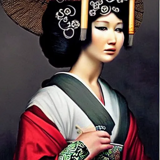 Image similar to “ old photo of jennifer lawrence as a geisha, hd, photorealistic ”