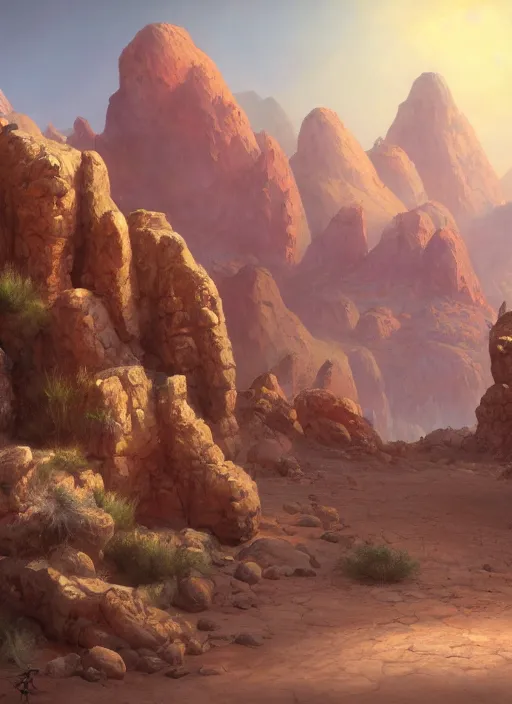 Image similar to a painting of a desert landscape with rocks and pillars, a detailed matte painting by tyler edlin, cgsociety, fantasy art, matte painting, concept art, matte drawing