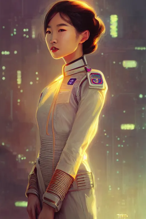 Prompt: portrait futuristic asian airforce girl, looking at the camera, in future airport rooftop , sci-fi, fantasy, intricate, very very beautiful, elegant, human anatomy, neon light, highly detailed, digital painting, artstation, concept art, smooth, sharp focus, illustration, art by tian zi and WLOP and alphonse mucha