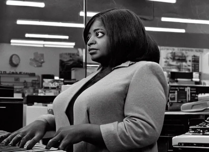 Image similar to cinematic shot of octavia spencer in an small used electronics store next to an old electronic keyboard, iconic scene from the paranoid thriller sci fi film directed by stanley kubrick, anamorphic lens, moody dark cinematography, beautiful composition, color theory, leading lines, photorealistic hands, 4 k