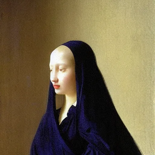 Prompt: a young woman’s face, her hair is white, she wears a long flowing blue satin veil, by ivan aivazovsky and pieter claesz and paul delaroche and alma tadema and august malmstrom and and willen claesz heda and aelbert cuyp and gerard ter borch, hyperrealistic, volumetric light, panavision super speed lens, rendered in octane, c4d