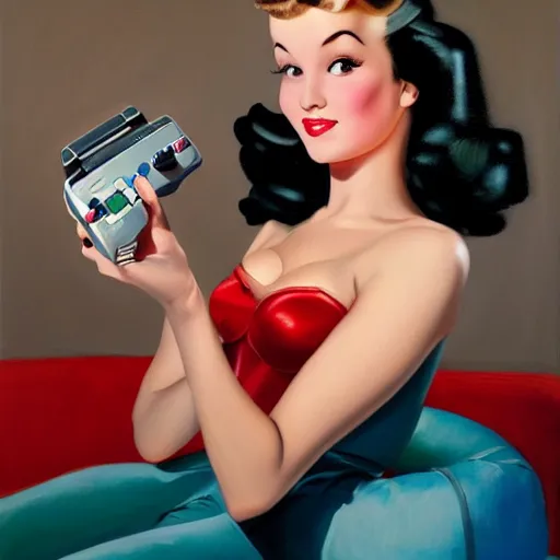 Prompt: a realistic painting of a pin up girl holding a SNES controller, by Alberto Vargas, highly detailed and intricate, photorealistic, cinematic lighting 4k