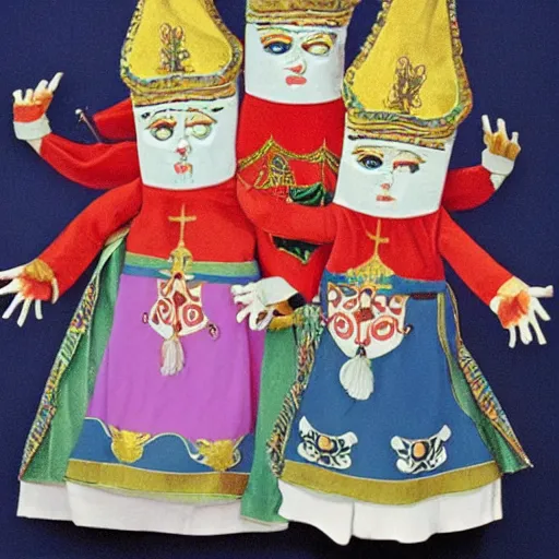 Prompt: the hyness hand puppet with the three mage - sisters jhand puppets and the replica of the jambastion, photorealistic