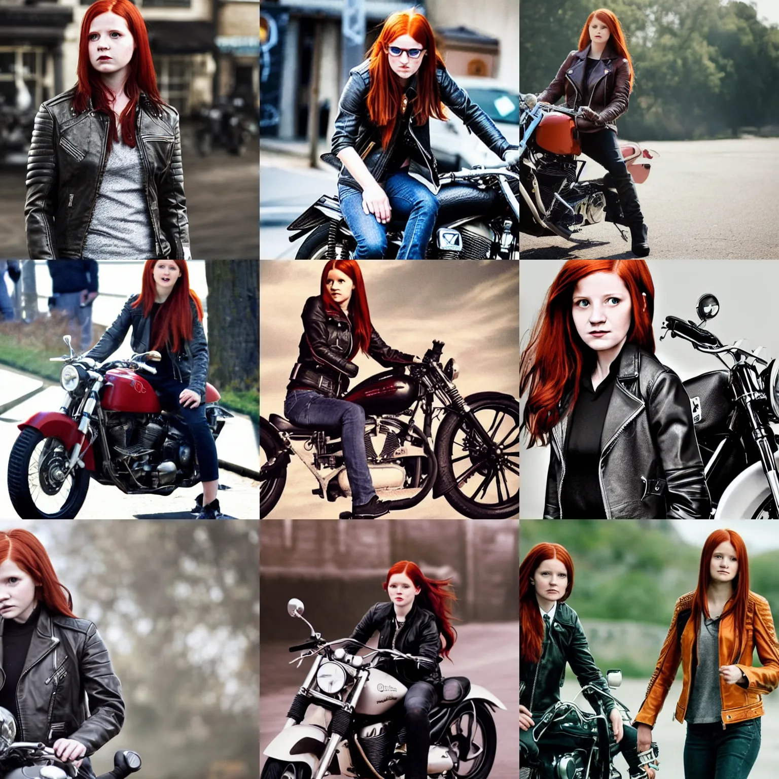 Prompt: Ginny Weasley as a biker, wearing a leather jacket, riding a motorcycle