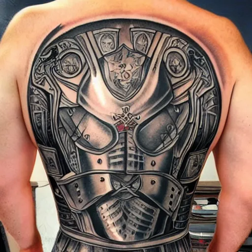 Genghis Knights armor with a cross and wings upper shoulder half sleeve   GOLD STRIPE TATTOO