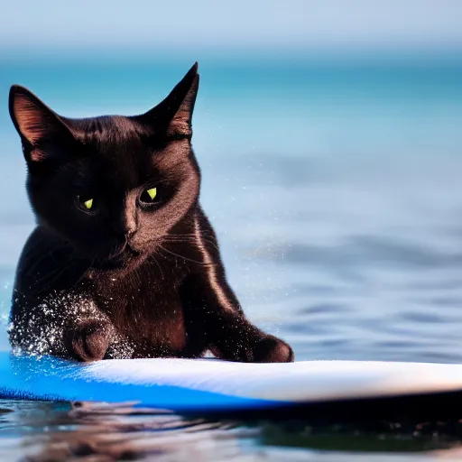 Image similar to black cute cat surfing on a surfboard, 8 k