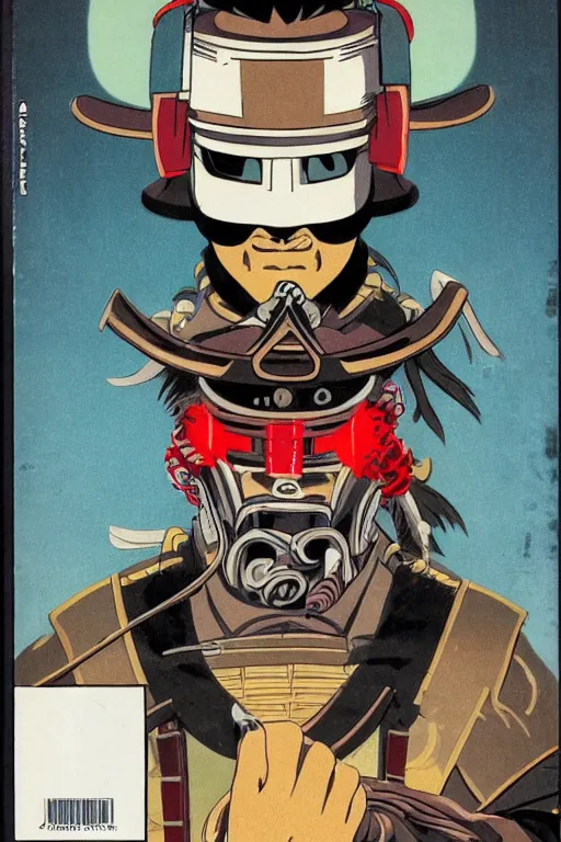 Image similar to 1 9 7 9 omni magazine cover of hiroyuki sanada in a samurai hat and oni half - mask. piercing gaze. simple stylized cyberpunk photo by josan gonzalez.