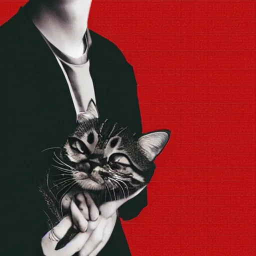 Image similar to an album of neil cicierega holding a cat, in a red color style, in a railroad background