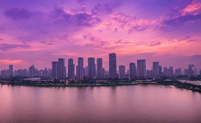 Image similar to a photo of wuhan, river, sunset, purple sky, cinematic, 8 k, highly - detailed