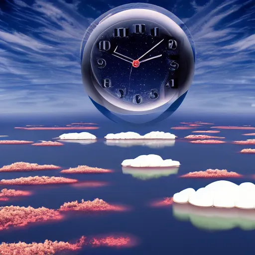 Image similar to a clock floating on an floating island, there are clouds around, it is on earth, on the background there are other floating islands too, floating at the ozone layer, cartoony, 4 k resolution, award winning