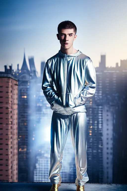 Image similar to un ultra high definition studio quality photographic art portrait of a young man standing on the rooftop of a british apartment building wearing soft baggy padded silver iridescent pearlescent clothing. three point light. extremely detailed. golden ratio, ray tracing, volumetric light, shallow depth of field. set dressed.