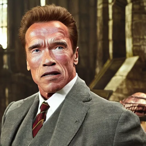 Image similar to Arnold Schwarzenegger as Harry Potter, 4k movie screen capture, high detail