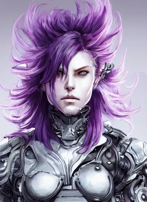 Image similar to close up portrait of a pale woman in sci - fi armor with purple hair, powerful, domineering, stoic, masterful, intense, ultrafine hyperdetailed illustration by kim jung gi, irakli nadar, intricate linework, sharp focus, octopath traveler, yoji shinkawa, yoshitaka amano, detailed, concept art