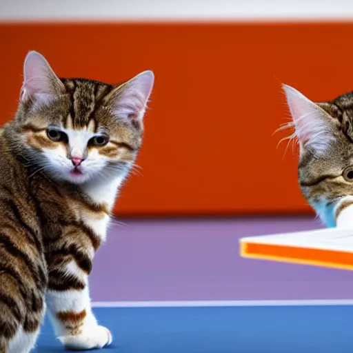 Image similar to Deux chats jouent au ping pong sur un fond orange, hyper realistic, 8K HDR.