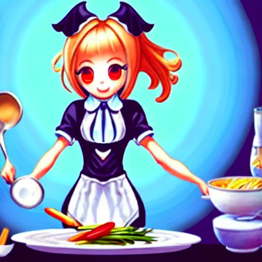 Image similar to a cute anthropomorphic maid preparing dinner in the kitchen. league of legends splash art