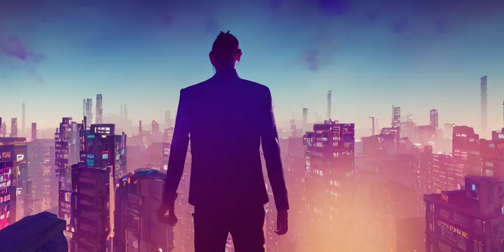 Prompt: a view of a man's back standing on top of a building, with purple - blue style cyberpunk city buildings in the background, volumetric light, cinematic, moody, octane render 4 k, 8 k