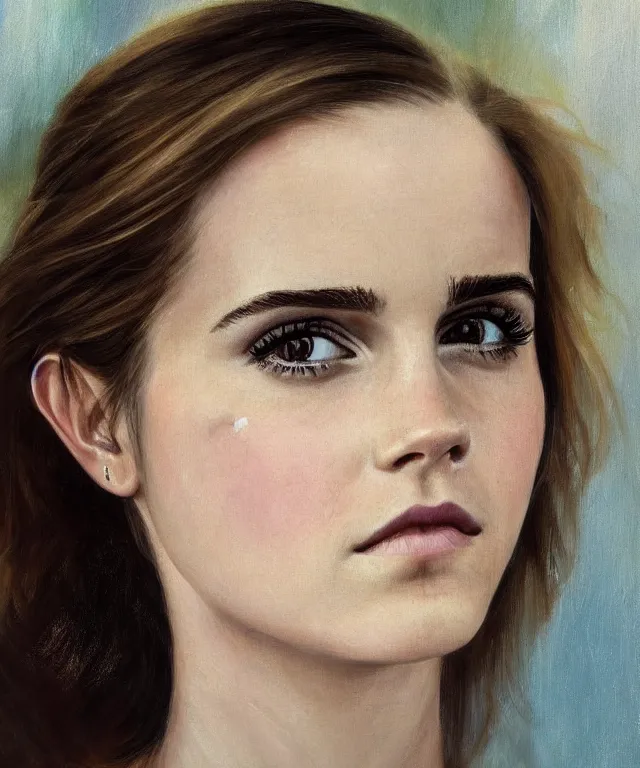 Image similar to epic soft portrait of Emma Watson, painting by Hughes Edward Robert