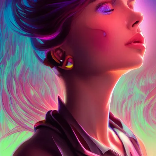 Image similar to young woman, gorgeous face, vaporwave aesthetic, synthwave, colorful, psychedelic, broken, shattered, beaten, sadness, crying, tears, artstation, concept art, smooth, extremely sharp detail, finely tuned detail, 8 k, unreal engine 5, ultra sharp focus, illustration, art by artgerm and greg rutkowski and alphonse mucha