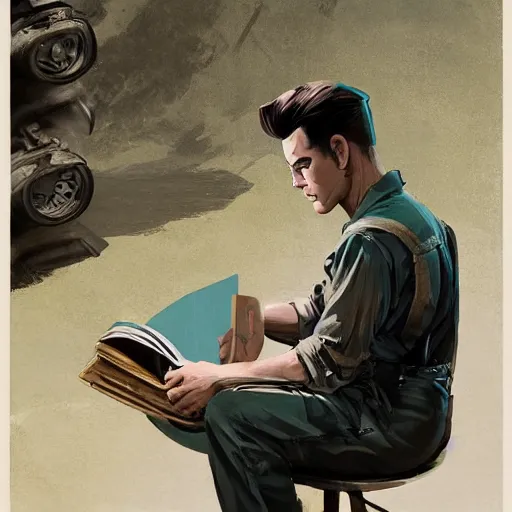 Image similar to a highly detailed epic cinematic concept art CG render digital painting artwork costume design: young James Dean as a well-kept neat mechanic in 1950s USSR green dungarees and big boots, reading a book. By Greg Rutkowski, Ilya Kuvshinov, WLOP, Stanley Artgerm Lau, Ruan Jia and Fenghua Zhong, trending on ArtStation, subtle muted cinematic colors, made in Maya, Blender and Photoshop, octane render, excellent composition, cinematic atmosphere, dynamic dramatic cinematic lighting, aesthetic, very inspirational, arthouse