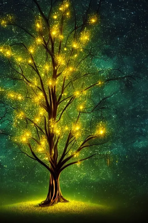 Image similar to magical tree filled with fireflies, nighttime, glowing, magical, cinematic