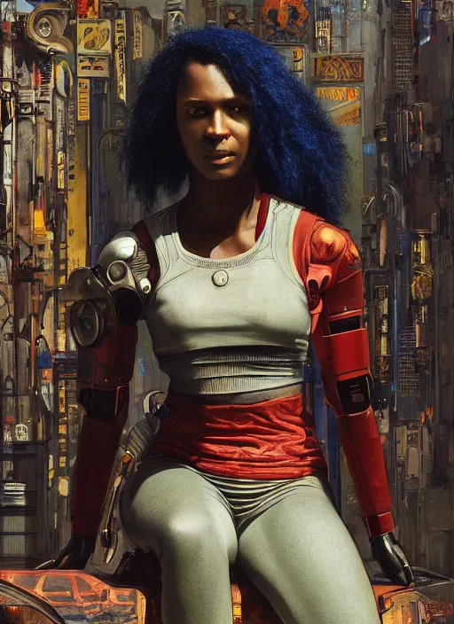 Image similar to Maria Igwe. Beautiful Cyberpunk mechanic with robotic legs. (Cyberpunk 2077, bladerunner 2049). Iranian orientalist portrait by john william waterhouse and Edwin Longsden Long and Theodore Ralli and Nasreddine Dinet, oil on canvas. Cinematic, vivid colors, hyper realism, realistic proportions, dramatic lighting, high detail 4k