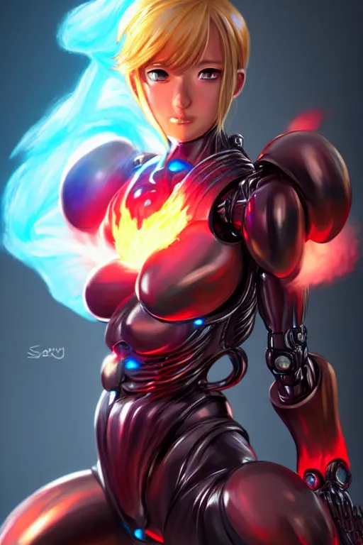 Image similar to character art by wlop, samus aran disguised as the t 1 0 0 0 from terminator, on fire, fire powers