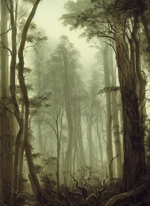 Prompt: a forest with very very tall trees, eerie sparse, epic atmosphere, by asher brown durand, by yoshitaka amano