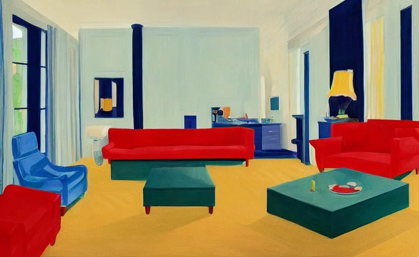 Image similar to Interior shot of a white boujee mansion with modern colorful furniture, very coherent, painted by Edward Hopper, painted by DotPigeon airbrush, art by David Hockney