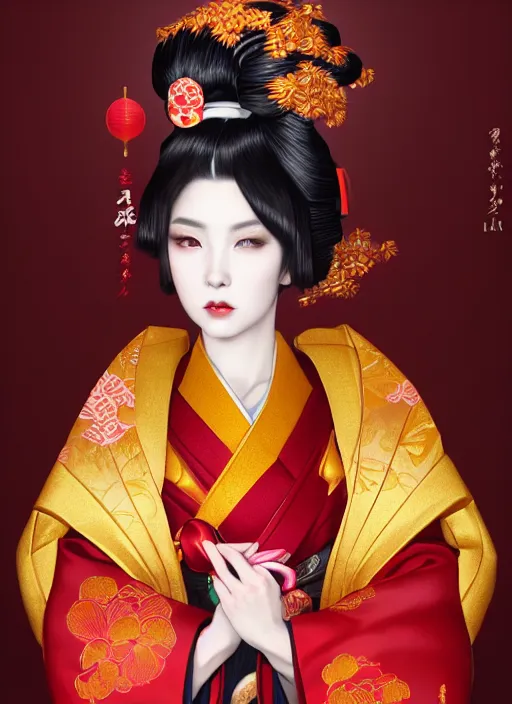 Image similar to dreamlike luxury stunning oiran portrait, red and gold kimono, art by artgerm, wlop, loish, ilya kuvshinov, 8 k realistic, hyperdetailed, beautiful lighting, detailed background, depth of field, symmetrical face, frostbite 3 engine, cryengine,